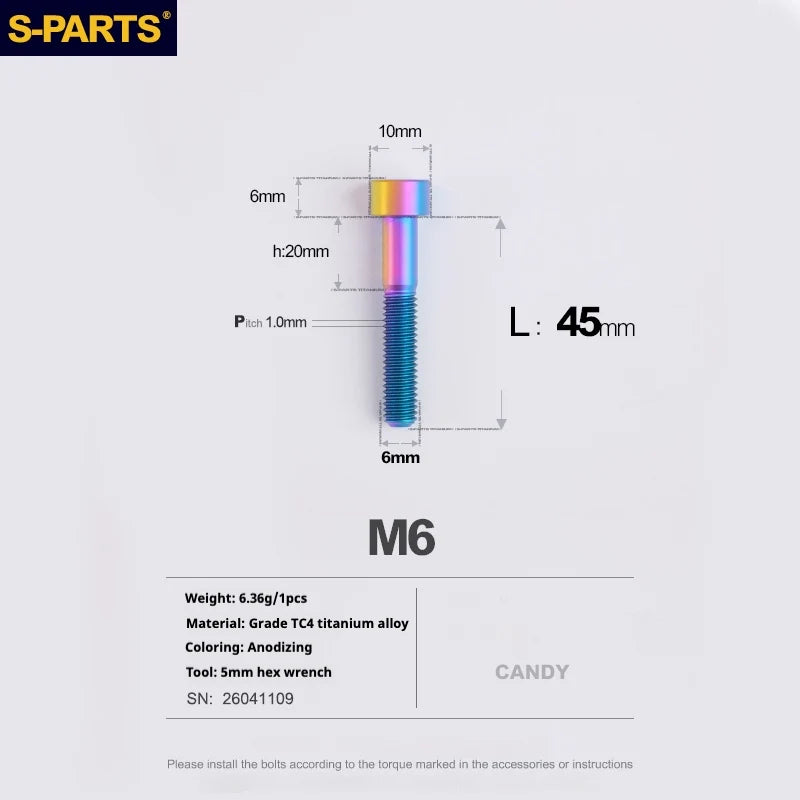 S-PARTS M6 Titanium Stem & Caliper Bolts — 30–70mm — 5mm Hex — L45mm / Candy