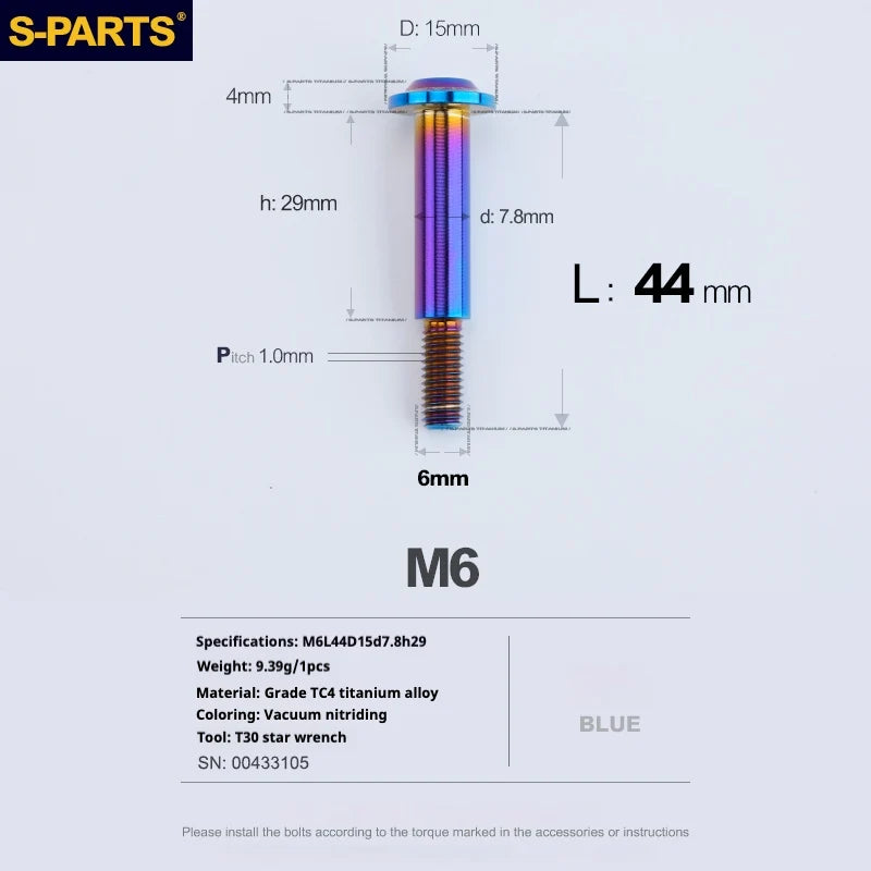 S-PARTS A3 M6 Umbrella Head Step Bolts — Blue — 36 Specifications — L44 D15 step screws D7.8 H29