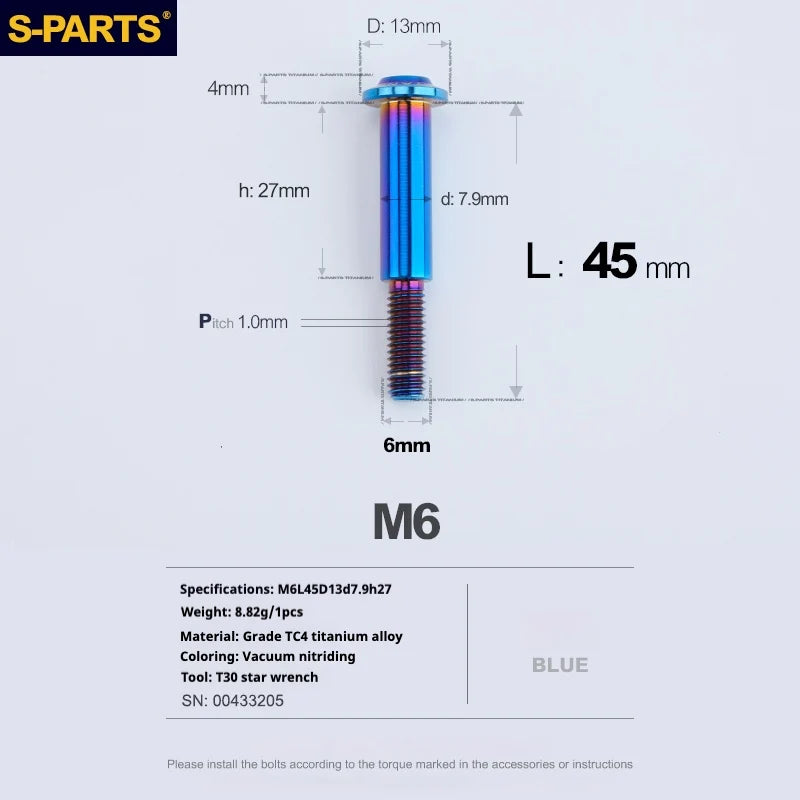 S-PARTS A3 M6 Umbrella Head Step Bolts — Blue — 36 Specifications — L45 D13 step screws D7.9 H27