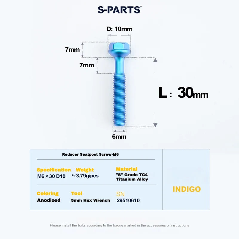 S-PARTS M6 Titanium Seatpost Step-Down Bolt & Nut Kit — 22 / 30 / 35 / 40mm — Indigo / 30mm