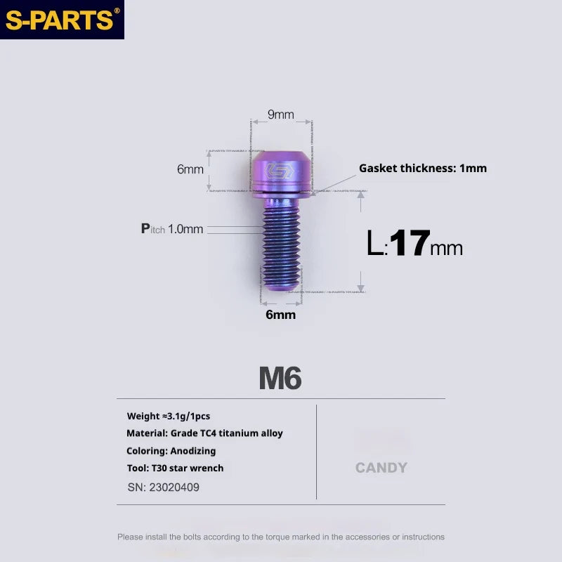 S-PARTS A2 M6 TC4 Titanium Bolts — 10–55mm — Multiple Colors — L17mm / Candy
