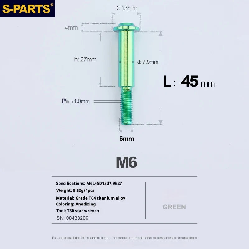 S-PARTS A3 M6 Umbrella Head Step Bolts — Green — 36 Specifications — L45 D13 step screws D7.9 H27