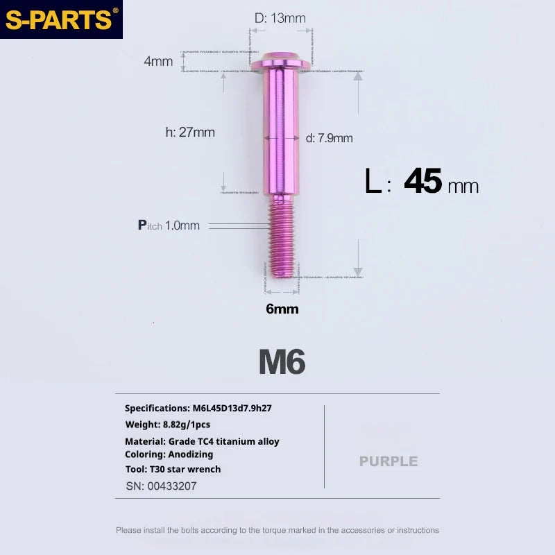 S-PARTS A3 M6 Umbrella Head Step Bolts — Purple — 36 Specifications — L45 D13 step screws D7.9 H27