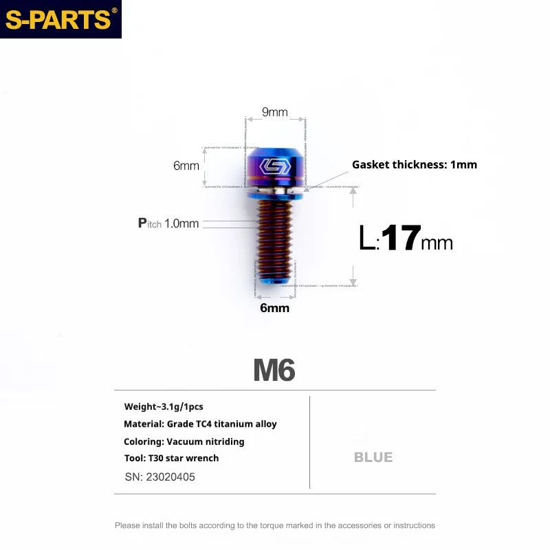 S-PARTS A2 M6 TC4 Titanium Bolts — 10–55mm — Multiple Colors — L17mm / Blue