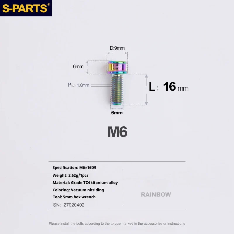 S-PARTS M6 Cylindrical Head Titanium Bolts — 10–25mm — M6×16mm / Rainbow