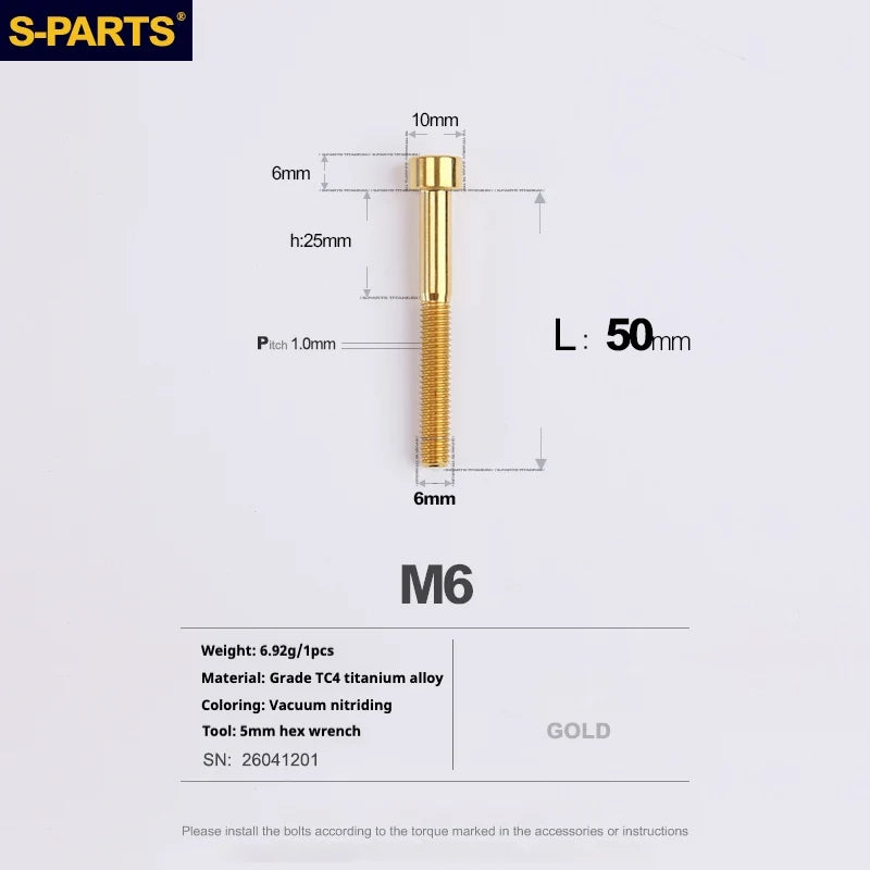 S-PARTS M6 Titanium Stem & Caliper Bolts — 30–70mm — 5mm Hex — L50mm / Gold