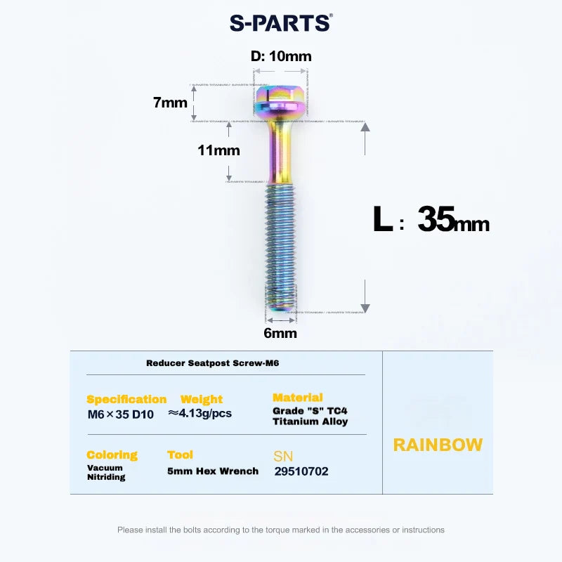 S-PARTS M6 Titanium Seatpost Step-Down Bolt & Nut Kit — 22 / 30 / 35 / 40mm — Rainbow / 35mm
