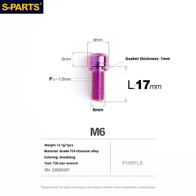 S-PARTS A2 M6 TC4 Titanium Bolts — 10–55mm — Multiple Colors — L17mm / Purple
