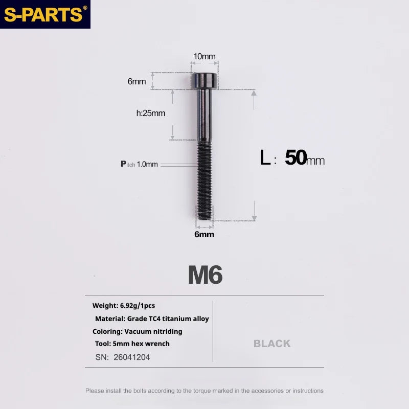 S-PARTS M6 Titanium Stem & Caliper Bolts — 30–70mm — 5mm Hex — L50mm / Black