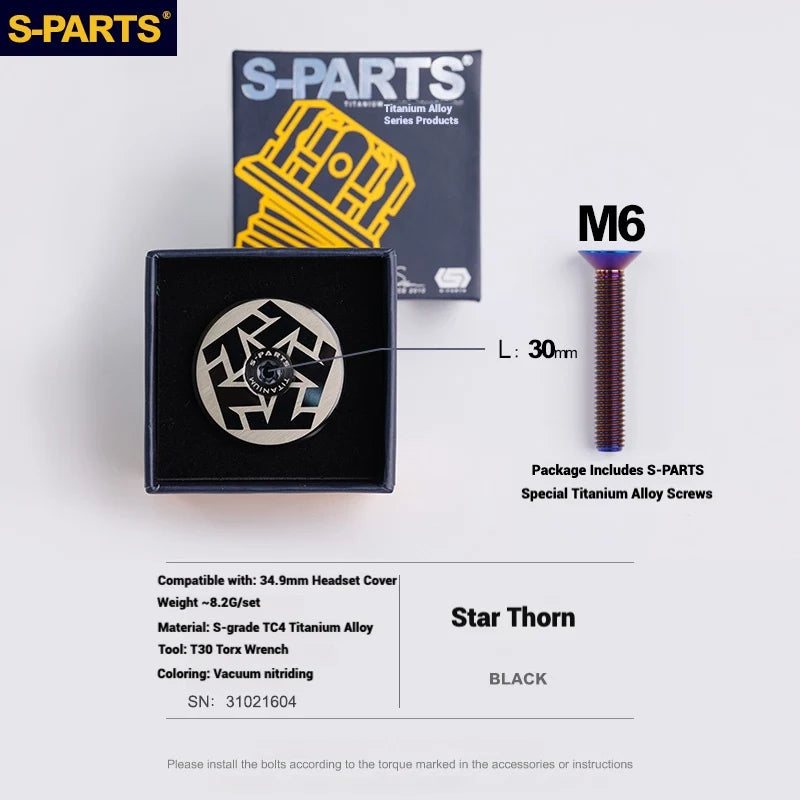 S-PARTS Titanium OD2 34.9 mm Laser Headset Cap — CNC Machined — Multiple Designs Available — Star Thorn (Set) Black