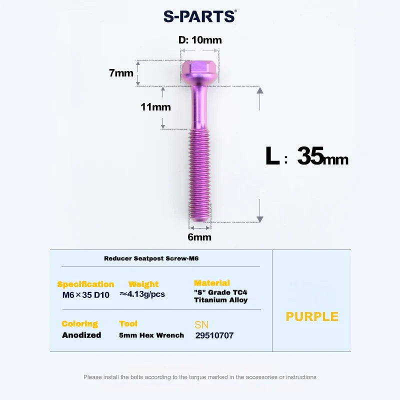 S-PARTS M6 Titanium Seatpost Step-Down Bolt & Nut Kit — 22 / 30 / 35 / 40mm — Purple / 35mm