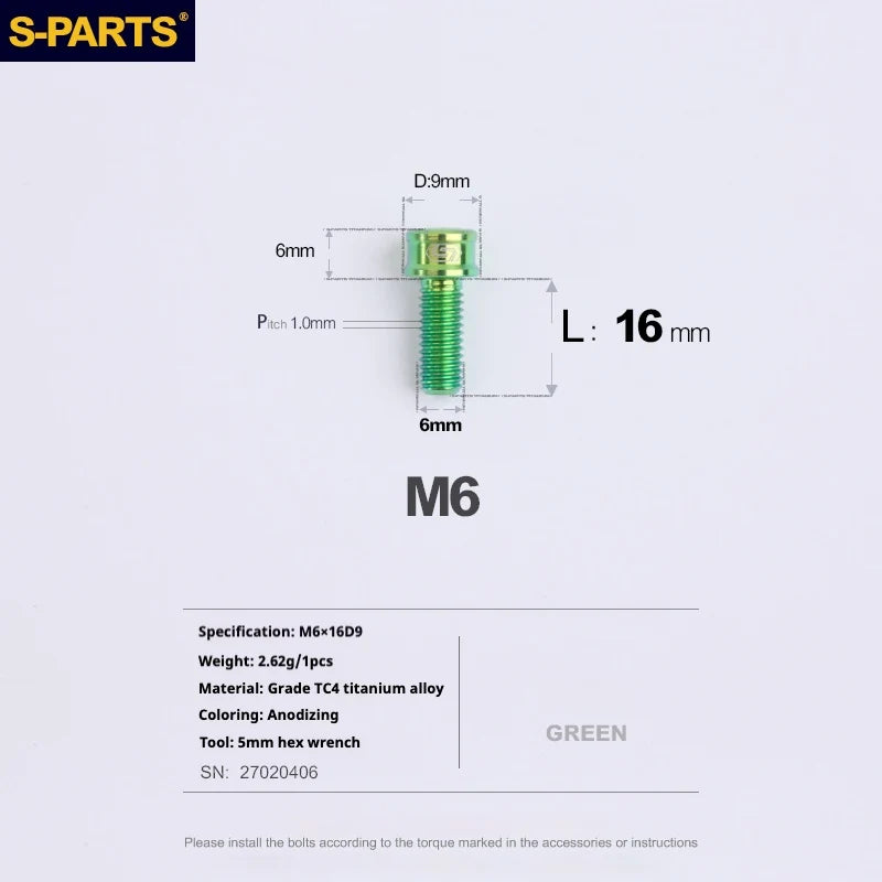 S-PARTS M6 Cylindrical Head Titanium Bolts — 10–25mm — M6×16mm / Green