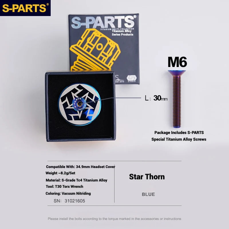 S-PARTS Titanium OD2 34.9 mm Laser Headset Cap — CNC Machined — Multiple Designs Available — Star Thorn (Set) Blue