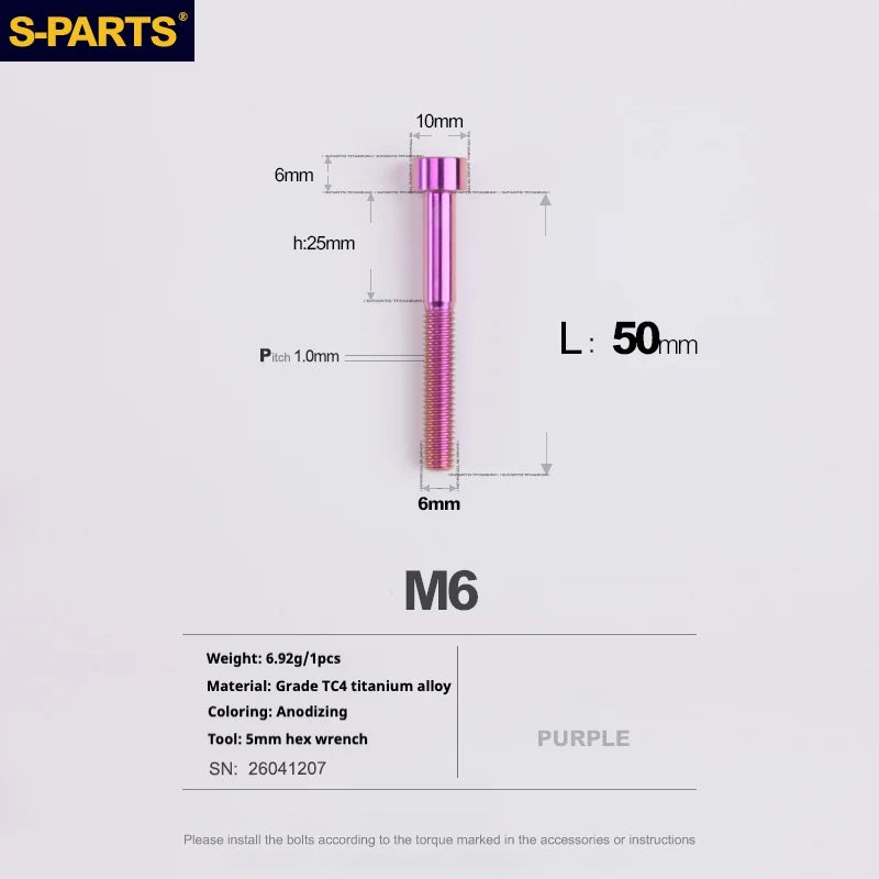 S-PARTS M6 Titanium Stem & Caliper Bolts — 30–70mm — 5mm Hex — L50mm / Purple