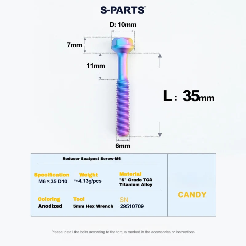S-PARTS M6 Titanium Seatpost Step-Down Bolt & Nut Kit — 22 / 30 / 35 / 40mm — Candy / 35mm
