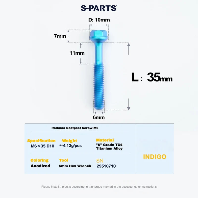 S-PARTS M6 Titanium Seatpost Step-Down Bolt & Nut Kit — 22 / 30 / 35 / 40mm — Indigo / 35mm
