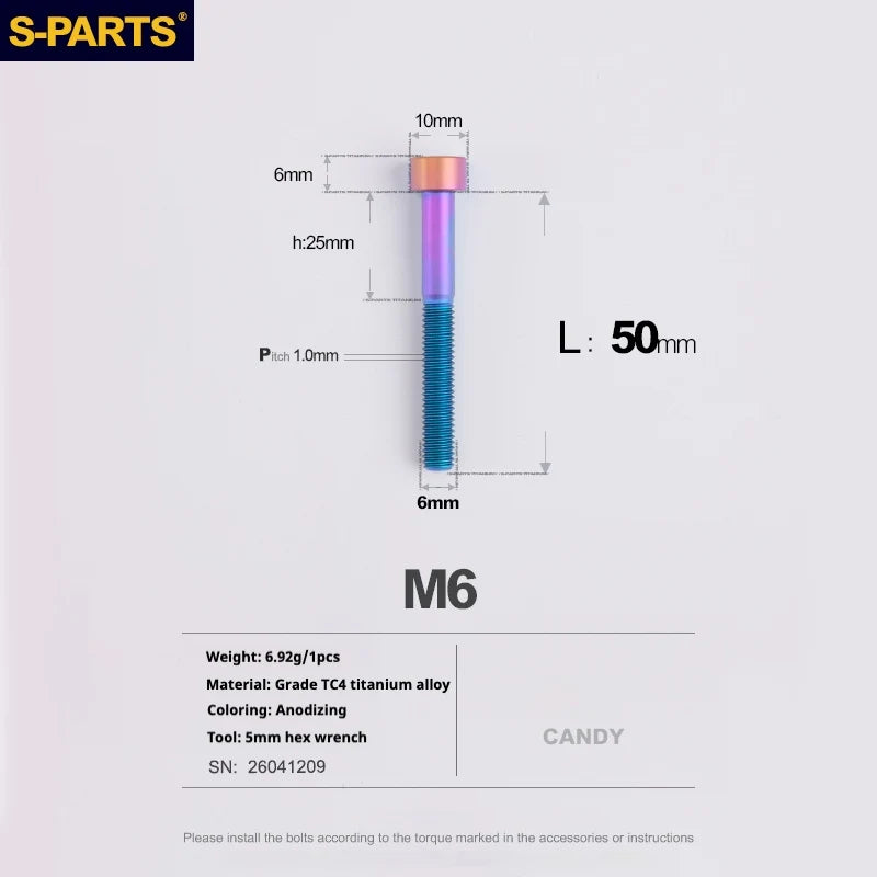 S-PARTS M6 Titanium Stem & Caliper Bolts — 30–70mm — 5mm Hex — L50mm / Candy