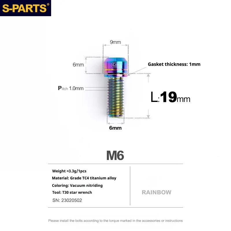 S-PARTS A2 M6 TC4 Titanium Bolts — 10–55mm — Multiple Colors — L19mm / Rainbow