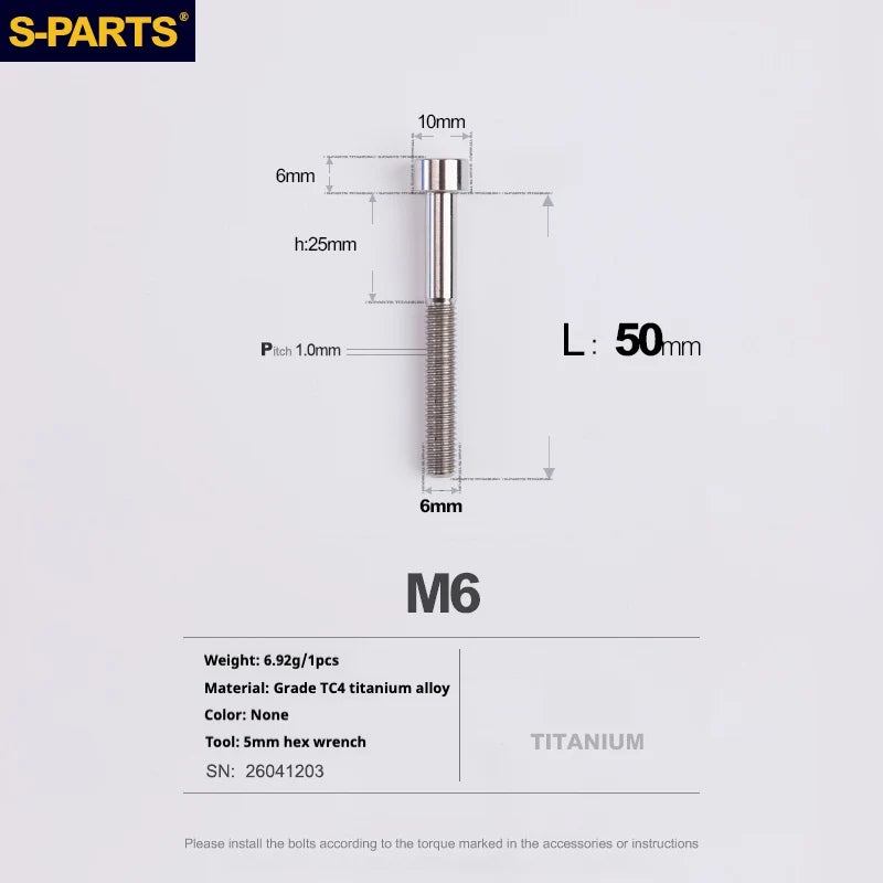 S-PARTS M6 Titanium Stem & Caliper Bolts — 30–70mm — 5mm Hex — L50mm
