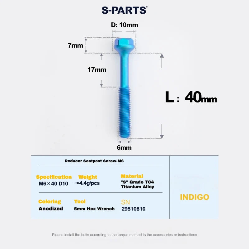 S-PARTS M6 Titanium Seatpost Step-Down Bolt & Nut Kit — 22 / 30 / 35 / 40mm — Indigo