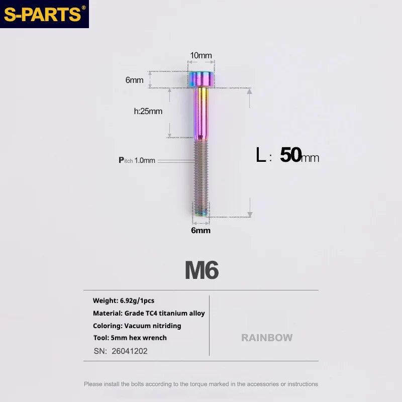 S-PARTS M6 Titanium Stem & Caliper Bolts — 30–70mm — 5mm Hex — L50mm / Rainbow