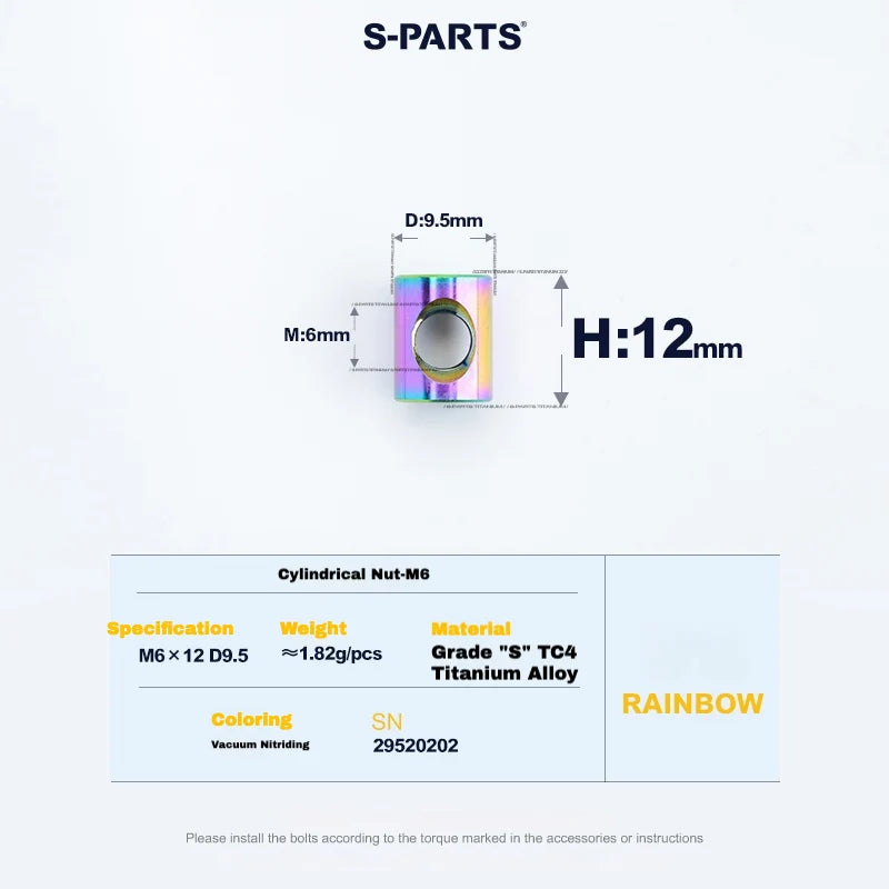 S-PARTS M6 Titanium Seatpost Step-Down Bolt & Nut Kit — 22 / 30 / 35 / 40mm — Rainbow / Cylindrical nut(M6 D9.5 H12)