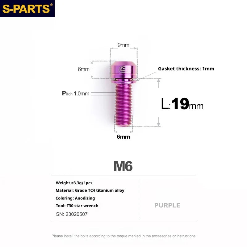 S-PARTS A2 M6 TC4 Titanium Bolts — 10–55mm — Multiple Colors — L19mm / Purple