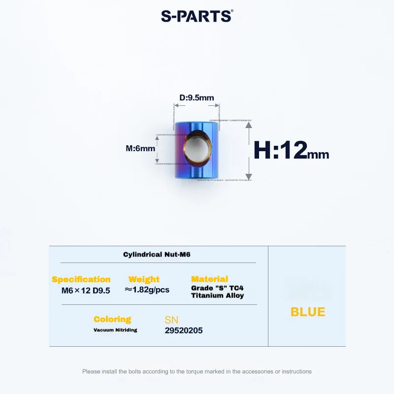 S-PARTS M6 Titanium Seatpost Step-Down Bolt & Nut Kit — 22 / 30 / 35 / 40mm — Blue / Cylindrical nut(M6 D9.5 H12)