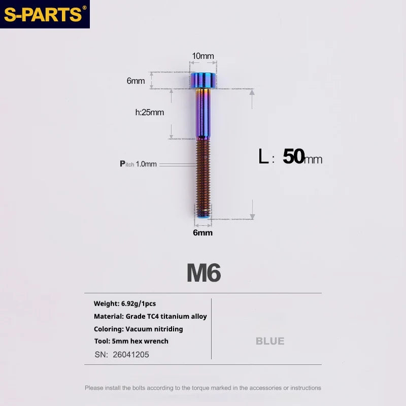 S-PARTS M6 Titanium Stem & Caliper Bolts — 30–70mm — 5mm Hex — L50mm / Blue
