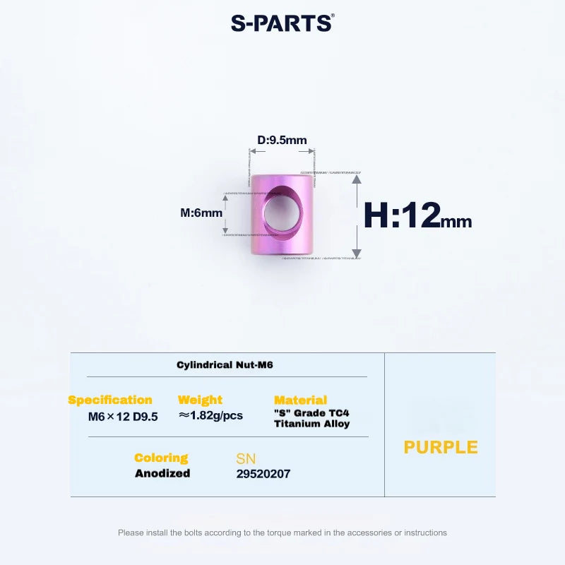 S-PARTS M6 Titanium Seatpost Step-Down Bolt & Nut Kit — 22 / 30 / 35 / 40mm — Purple / Cylindrical nut(M6 D9.5 H12)