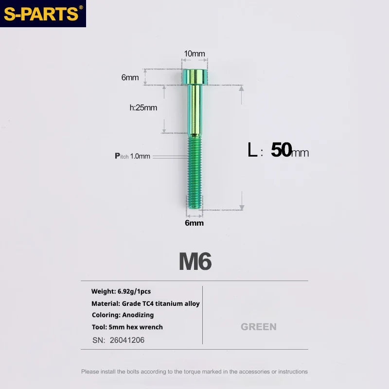 S-PARTS M6 Titanium Stem & Caliper Bolts — 30–70mm — 5mm Hex — L50mm / Green