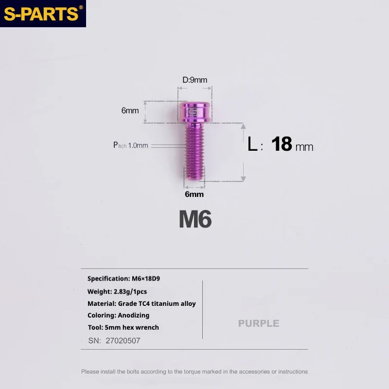 S-PARTS M6 Cylindrical Head Titanium Bolts — 10–25mm — M6×18mm / Purple