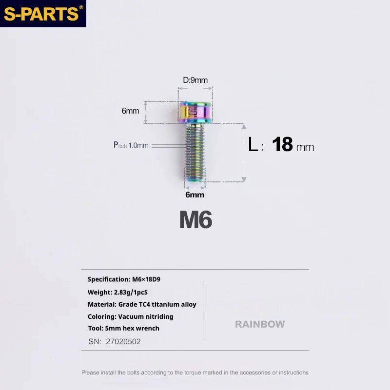S-PARTS M6 Cylindrical Head Titanium Bolts — 10–25mm — M6×18mm / Rainbow