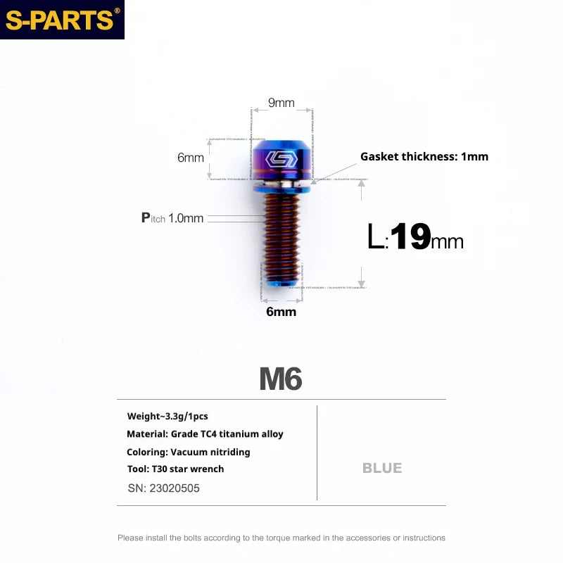 S-PARTS A2 M6 TC4 Titanium Bolts — 10–55mm — Multiple Colors — L19mm / Blue