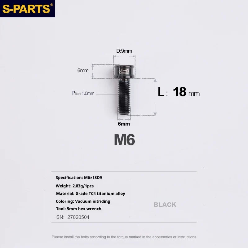 S-PARTS M6 Cylindrical Head Titanium Bolts — 10–25mm — M6×18mm / Black