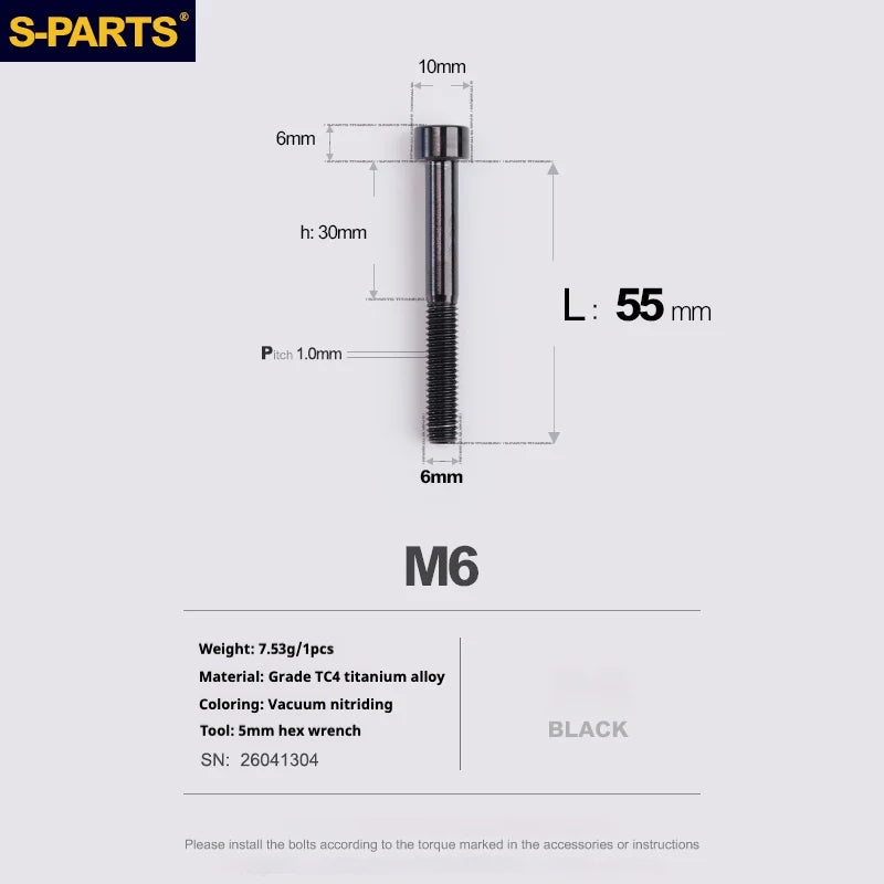 S-PARTS M6 Titanium Stem & Caliper Bolts — 30–70mm — 5mm Hex — L55mm / Black