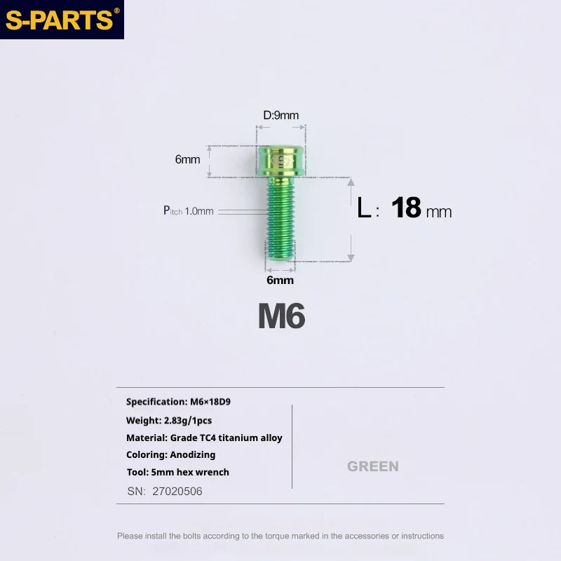 S-PARTS M6 Cylindrical Head Titanium Bolts — 10–25mm — M6×18mm / Green
