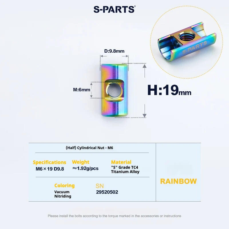 S-PARTS M6 Titanium Seatpost Step-Down Bolt & Nut Kit — 22 / 30 / 35 / 40mm — Rainbow / (Half) Cylindrical Nut (M6 D9.8 H19)