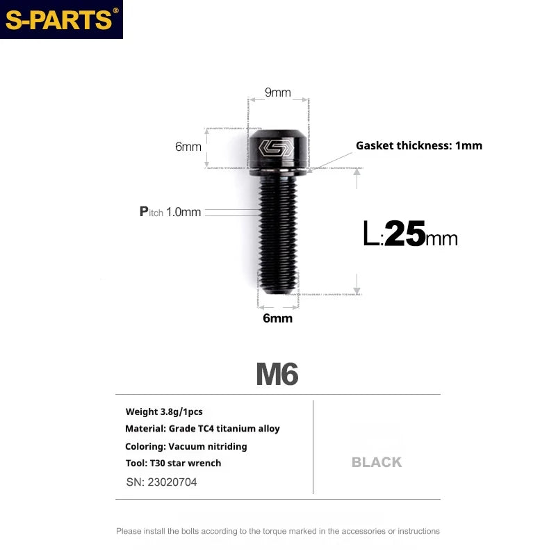 S-PARTS A2 M6 TC4 Titanium Bolts — 10–55mm — Multiple Colors — L25mm / Black