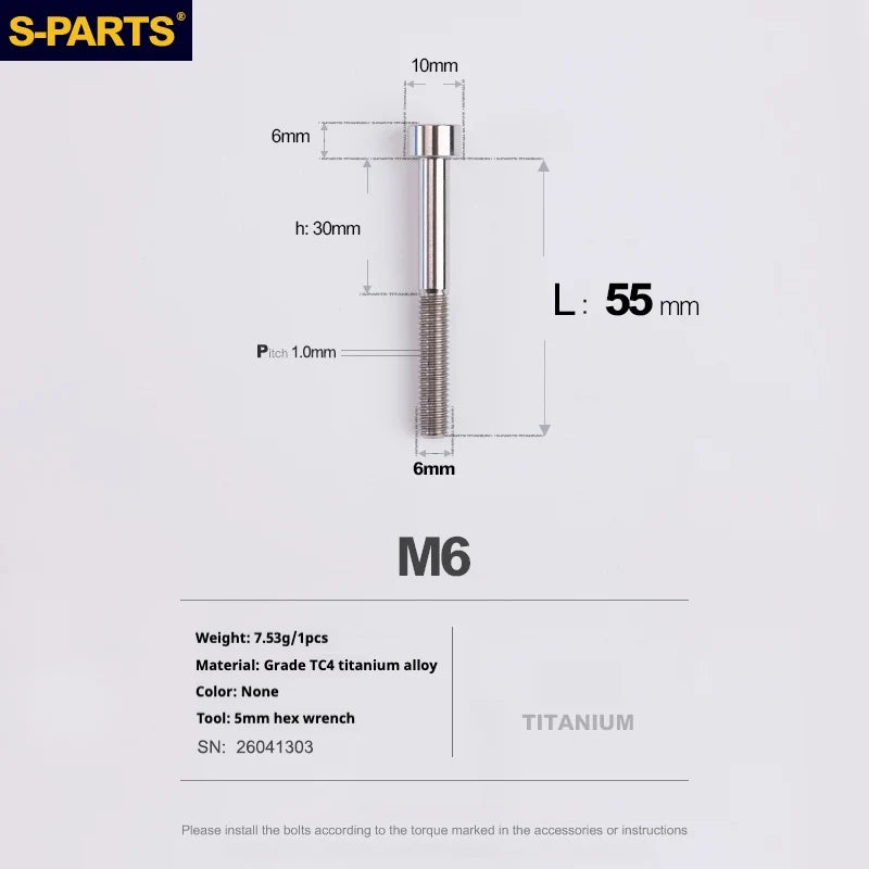 S-PARTS M6 Titanium Stem & Caliper Bolts — 30–70mm — 5mm Hex — L55mm