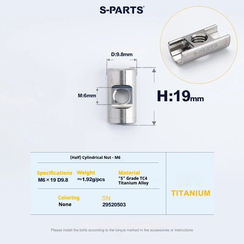 S-PARTS M6 Titanium Seatpost Step-Down Bolt & Nut Kit — 22 / 30 / 35 / 40mm — (Half) Cylindrical Nut (M6 D9.8 H19)