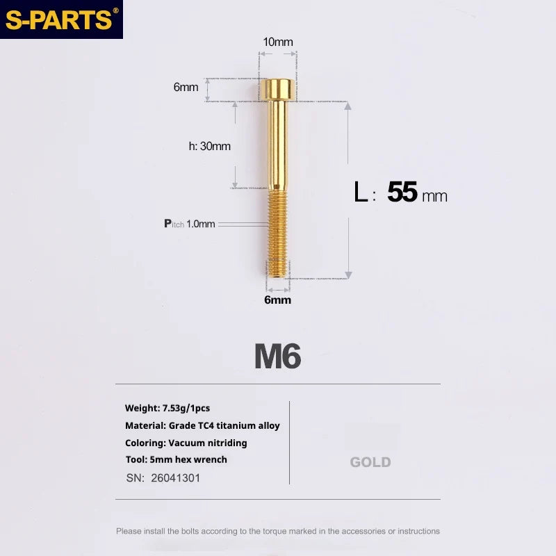 S-PARTS M6 Titanium Stem & Caliper Bolts — 30–70mm — 5mm Hex — L55mm / Gold