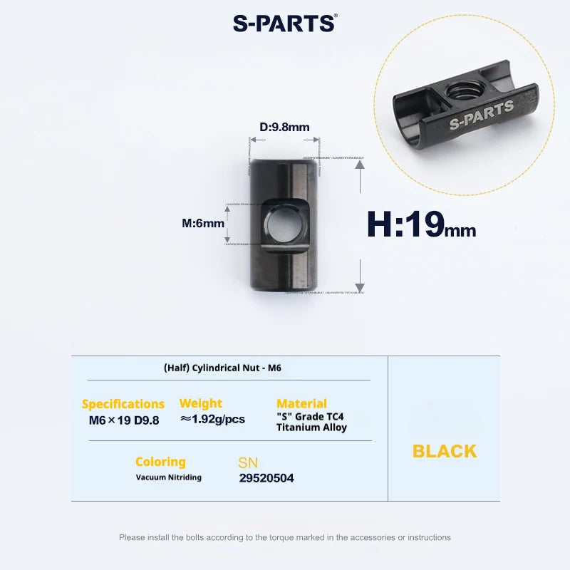 S-PARTS M6 Titanium Seatpost Step-Down Bolt & Nut Kit — 22 / 30 / 35 / 40mm — Black / (Half) Cylindrical Nut (M6 D9.8 H19)