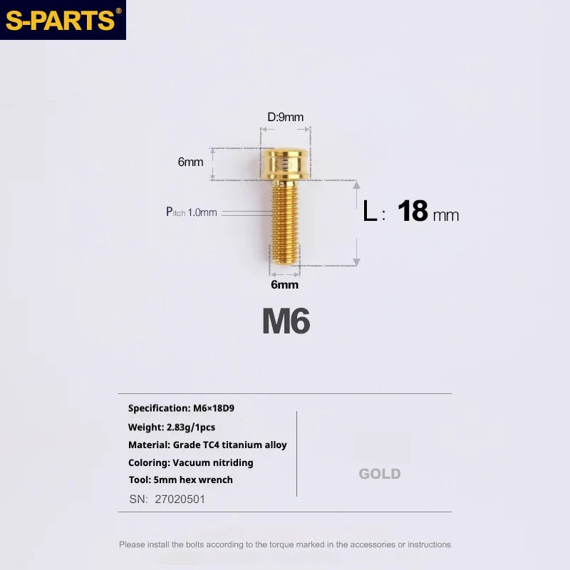 S-PARTS M6 Cylindrical Head Titanium Bolts — 10–25mm — M6×18mm / Gold