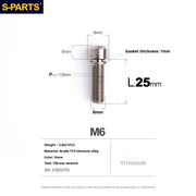 S-PARTS A2 M6 TC4 Titanium Bolts — 10–55mm — Multiple Colors — L25mm