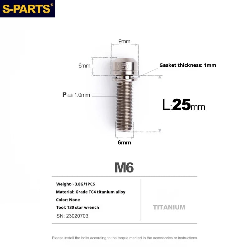 S-PARTS A2 M6 TC4 Titanium Bolts — 10–55mm — Multiple Colors — L25mm