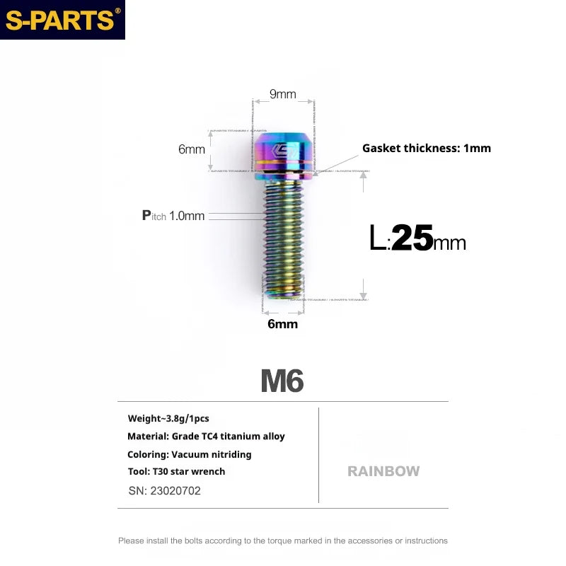 S-PARTS A2 M6 TC4 Titanium Bolts — 10–55mm — Multiple Colors — L25mm / Rainbow
