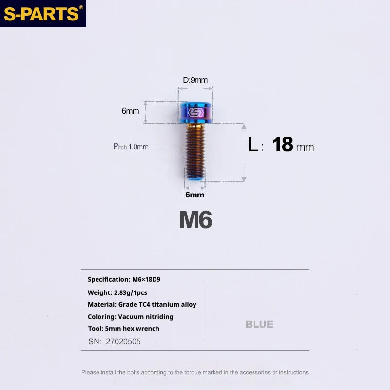S-PARTS M6 Cylindrical Head Titanium Bolts — 10–25mm — M6×18mm / Blue