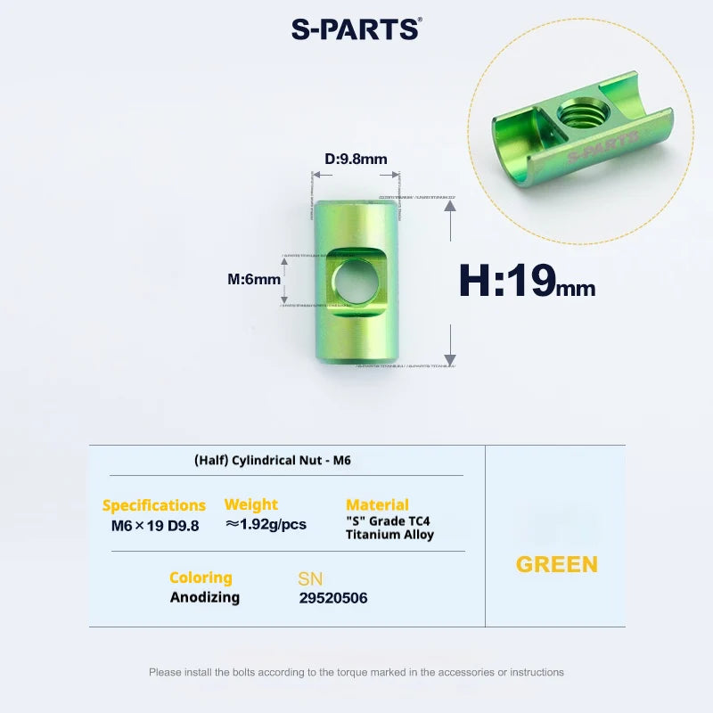 S-PARTS M6 Titanium Seatpost Step-Down Bolt & Nut Kit — 22 / 30 / 35 / 40mm — Green / (Half) Cylindrical Nut (M6 D9.8 H19)