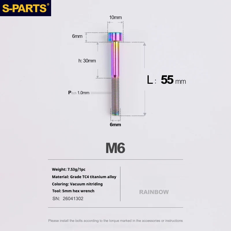 S-PARTS M6 Titanium Stem & Caliper Bolts — 30–70mm — 5mm Hex — L55mm / Rainbow